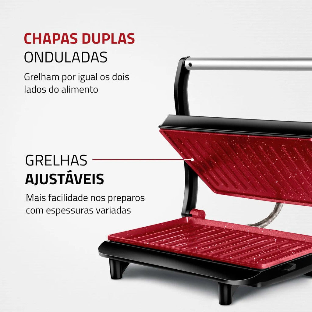 Sanduicheira Press Grill Red Ceramic Mondial PG-01-RC inox antiaderente Cerâmico 1000w - 127v