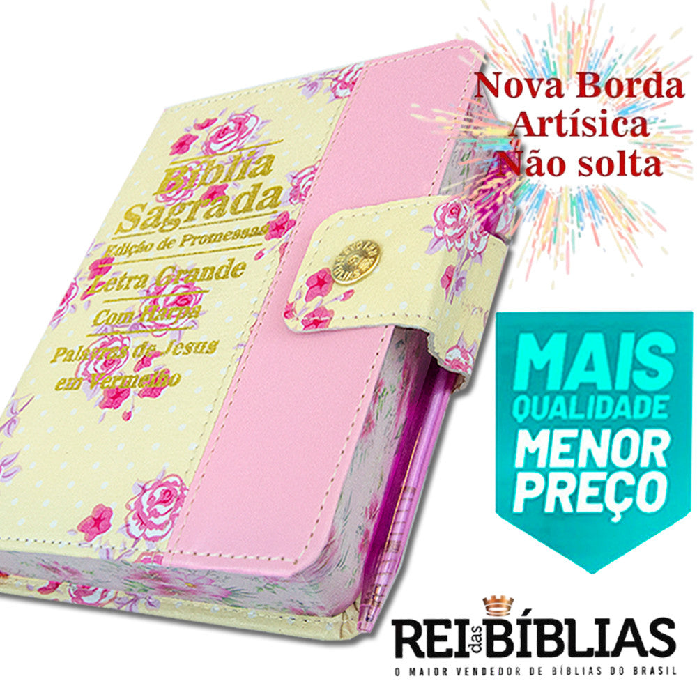 Biblia Letra Grande C/harpa E Botão - Floral E Rosa