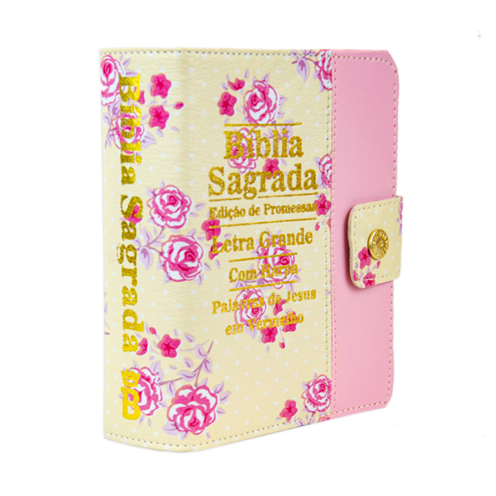 Biblia Letra Grande C/harpa E Botão - Floral E Rosa