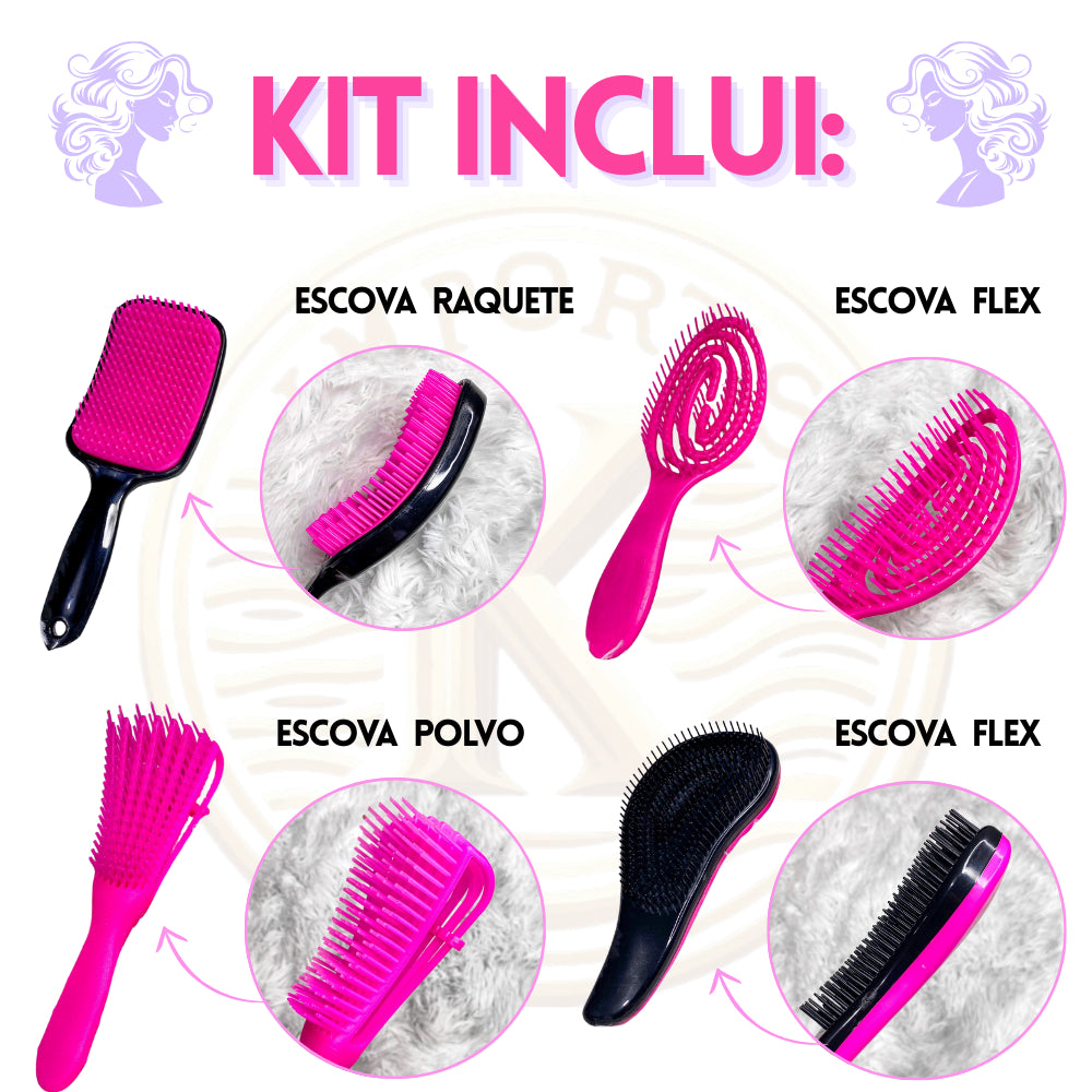 Kit 5 Escovas de Cabelo  + Touca de Cetim – Raquete Fashion, Mágica, Polvo, Massageadora de Silicone