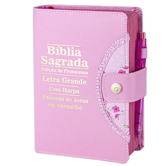 Bíblia Sagrada Letra Grande - Rosa - Botão e Caneta Revista e Corrigida C/ Harpa