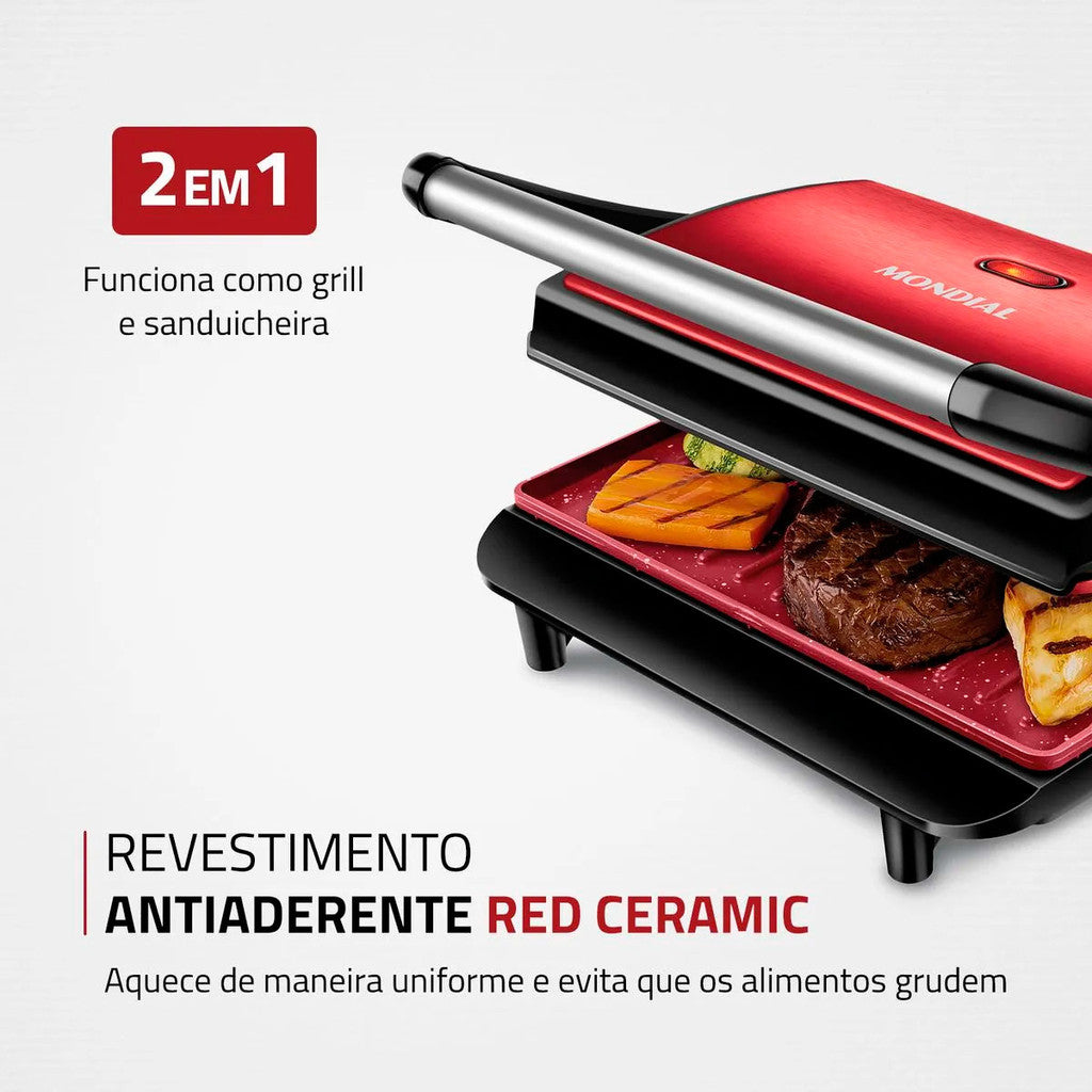 Sanduicheira Press Grill Red Ceramic Mondial PG-01-RC inox antiaderente Cerâmico 1000w - 127v