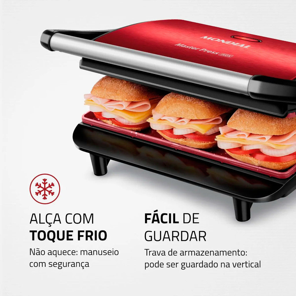 Sanduicheira Press Grill Red Ceramic Mondial PG-01-RC inox antiaderente Cerâmico 1000w - 127v