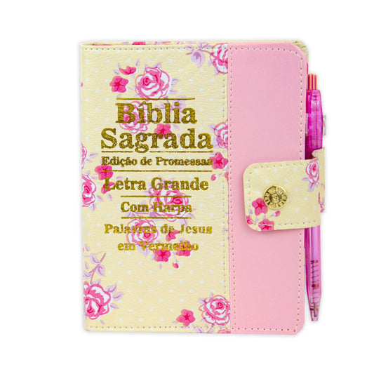 Biblia Letra Grande C/harpa E Botão - Floral E Rosa