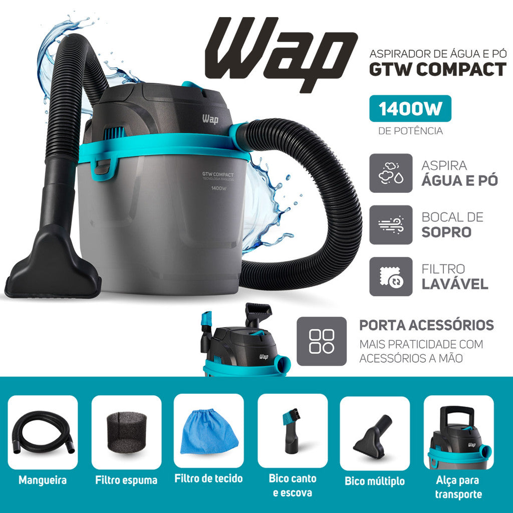 Aspirador Pó e Água Potente 1400w Soprador Pequeno Portatil Barril 5,5 Litros Wap