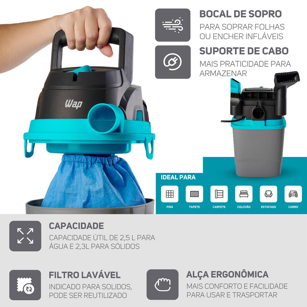 Aspirador Pó e Água Potente 1400w Soprador Pequeno Portatil Barril 5,5 Litros Wap